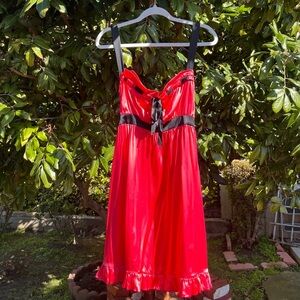 BETSEY JOHNSON vintage red pink silk tie belted sleeveless ruffle hem mini dress
